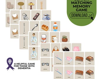 May include: A memory game for seniors with dementia, featuring illustrated cards with everyday objects like a fork, glasses, and toothbrush. The game includes the text "Senior Matching Memory Game" and "Download". A purple ribbon with a brain symbol is also present.