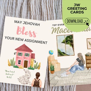 May include: A greeting card with the text "May Jehovah Bless Your New Assignment" and a watercolor illustration of a pink house. The card also features the text "Here I am! Send me!" and a drawing of a person with a backpack.