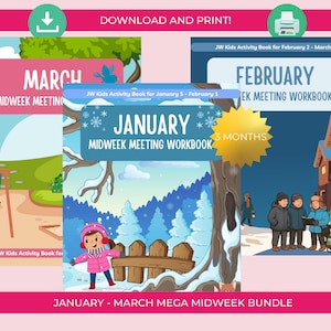 以下が含まれることがあります： 1月から3月までのJWキッズアクティビティブックのバンドル。1月の本は、ピンクのコートを着た子供がいる冬のシーンが特徴です。2月の本は青い表紙で、3月の本はピンクの表紙です。「DOWNLOAD AND PRINT！」の文字が上部にあります。