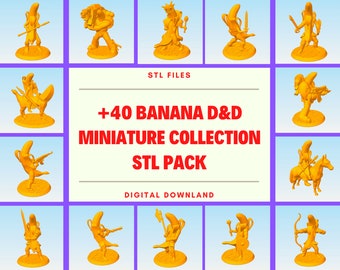 May include: A collection of 40+ 3D printable banana-themed Dungeons & Dragons miniatures. The STL files are available for digital download. The image shows a variety of banana-themed characters, including a banana warrior, a banana wizard, and a banana dragon.