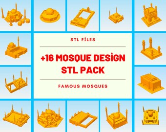 May include: A digital illustration of 16 different mosque designs in a grid layout. The mosques are all yellow and have a variety of architectural styles. The text "STL FILES +16 MOSQUE DESIGN STL PACK FAMOUS MOSQUES" is displayed in the center of the image.