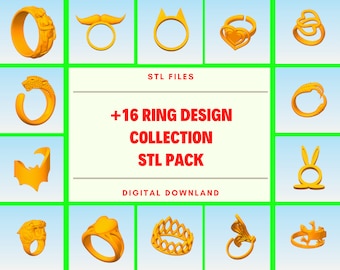 May include: A digital download of 16 STL files for 3D printing ring designs. The designs include a variety of styles, such as a ring with a heart, a ring with a crown, and a ring with a cat's head. STL FILES +16 RING DESIGN COLLECTION STL PACK DIGITAL DOWNLAND