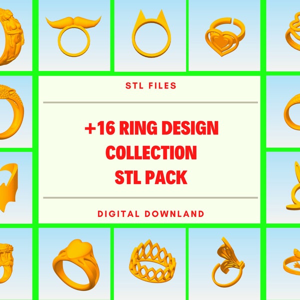 Ring design collection for 3d printing - stl file, stl package, 3d printing, 3d printed, 3d models, for cnc cutting, big stl pack, ring