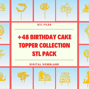 Puede incluir: Una colección de 48 archivos digitales para toppers de pastel de cumpleaños impresos en 3D. La imagen muestra una variedad de diseños, que incluyen un globo terráqueo, un corazón, un topper de pastel que dice "Mejor papá del mundo", y un topper de pastel que dice "Te amo hasta la luna y de regreso".