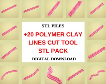 Può includere: Un pacchetto di download digitale di 20 file STL per strumenti di taglio di linee in pasta polimerica. L'immagine mostra vari strumenti stampati in 3D rosa per tagliare linee in pasta polimerica.