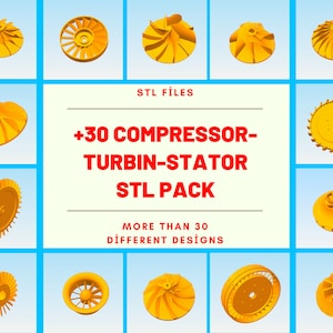 以下が含まれることがあります： 3Dプリント可能なコンプレッサー、タービン、ステーターの設計30種類以上を収録。3Dプリント用のSTLファイル。30種類以上の異なる設計が含まれています。