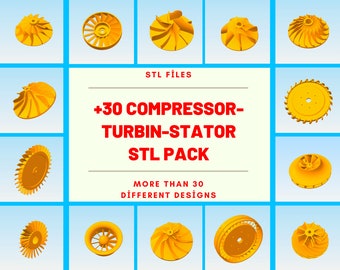 May include: A collection of 30+ 3D printable compressor, turbine, and stator designs. STL files for 3D printing. More than 30 different designs.