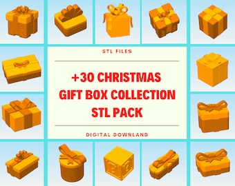 May include: A digital download pack of over 30 3D printable Christmas gift box designs. The image shows a variety of boxes with different shapes, sizes, and ribbon designs. The text on the image reads "STL FILES +30 CHRISTMAS GIFT BOX COLLECTION STL PACK DIGITAL DOWNLAND".