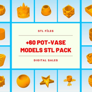 Puede incluir: Una colección de más de 60 archivos STL imprimibles en 3D para macetas y jarrones. La imagen muestra una variedad de diseños, incluyendo estilos geométricos, orgánicos y tradicionales. El texto en la imagen dice "STL Files +60 Pot-Vase Models STL Pack Digital Sales".