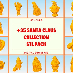 May include: A collection of 35 STL files for 3D printing of Santa Claus figurines. The image shows a variety of Santa Claus designs in different poses and styles. The text on the image reads "STL FILES +35 SANTA CLAUS COLLECTION STL PACK DIGITAL DOWNLAND".