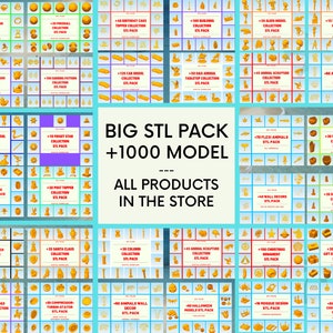 Könnte beinhalten: Ein Raster von Produktbildern mit verschiedenen 3D-Modellen, darunter Ringe, Autos, Tiere und Weihnachtsschmuck. Der zentrale Text lautet "BIG STL PACK +1000 MODEL ALL PRODUCTS IN THE STORE."