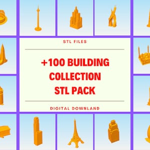 May include: A digital download of over 100 3D printable building models in STL file format. The image shows a collection of various building models, including a mosque, a church, a skyscraper, and a tower.