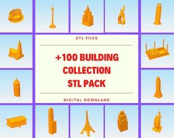 Puede incluir: Una descarga digital de más de 100 modelos de edificios imprimibles en 3D en formato STL. La imagen muestra una colección de varios modelos de edificios, incluyendo una mezquita, una iglesia, un rascacielos y una torre.