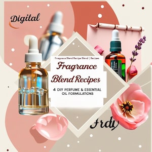 May include: Digital graphic with the text "Fragrance Blend Recipes" and "4 DIY Perfume & Essential Oil Formulations." The image features essential oil bottles, a pink flower, and lavender sprigs, suggesting a theme of aromatherapy and DIY fragrance creation.