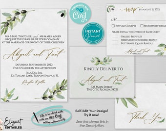 Tuscan Olive Branch, Wedding Invitation Set, Save the Date, RSVP, Editable and Printable, DIY Instant Download, Edit with Corjl
