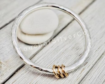 Very heavy silver bangle with gold links, Chunky silver bracelet, Solid sterling silver bangle with gold links Valentine's Day Gift