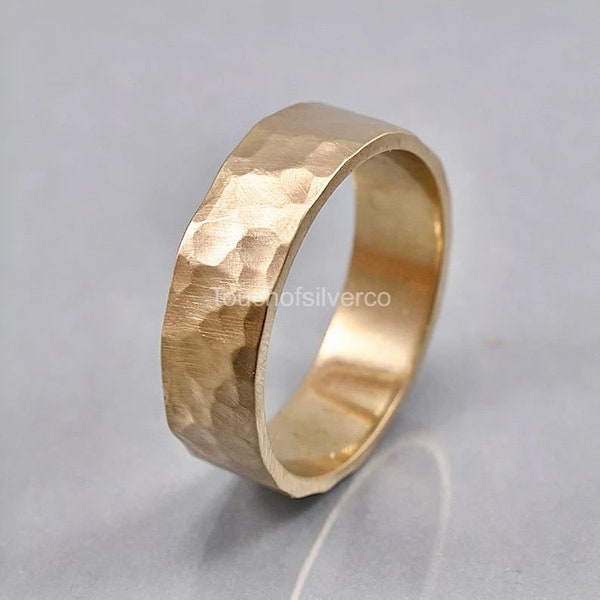 Hammered Solid Brass Ring, Rustic Hammered Golden Brass Wedding Band, Custom Engraved, Hammered Texture Matte Ring 6mm