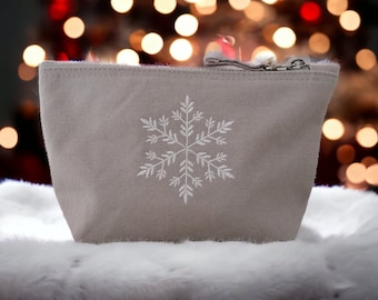 Mit Schneeflocke bestickte Clutch-Tasche, Weihnachtsgeschenkidee für Winterliebhaber, Bio-Baumwolletui, Reise-Kosmetiktaschenset