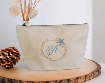 Pochette personalizzabile con nome o monogramma ricamato fantasia stelle, per matrimonio o regalo, in cotone organico, kit trousse viaggio