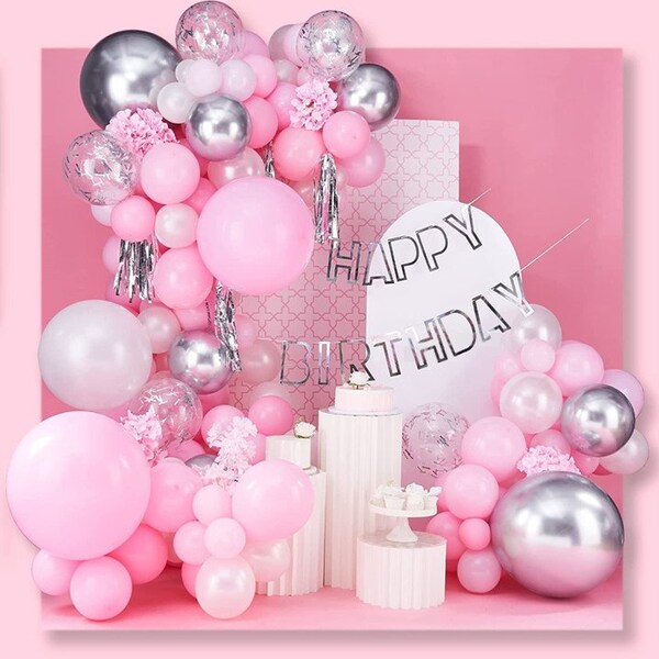 48-Piece Happy Birthday Balloon Banner Kit – Pink & Rose Gold Foil Letters, Confetti-Filled Hearts | Party Decorations