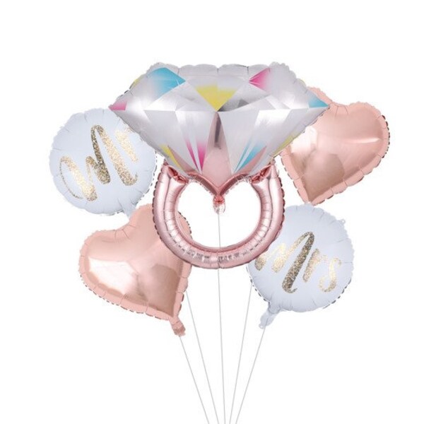 Set of 5 Balloons, Rose Gold Mr & Mrs LOVE Balloons bride to be marriage Wedding