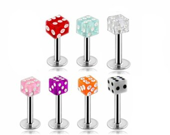 4mm Acrylic Dice Labret Helix 16g Ear Cartilage Bar - 8mm - Choose Colour