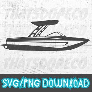 May include: Black and white silhouette of a boat with a wakeboard tower. The boat is on a white woodgrain background. SVG/PNG Download.