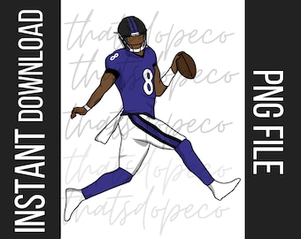 May include: A digital illustration of an American football player wearing a purple and black uniform with the number 8 on the front. The player is in mid-air, throwing a football with his right hand.
