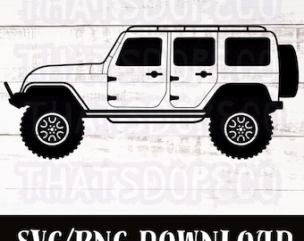 May include: Black and white line art of a four-door SUV with large tires and a spare tire on the back. The text "SVG/PNG DOWNLOAD" is at the bottom of the image.