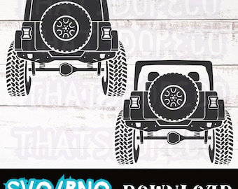May include: Two black silhouette images of a Jeep Wrangler rear view. The Jeeps have large tires and are facing the viewer. The image is on a white wood background.