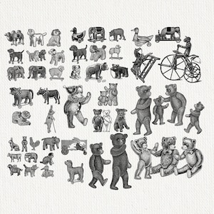 May include: A collection of vintage-style illustrations of various toys, including animals, bears, and a cyclist on a penny-farthing bicycle. The toys are rendered in black and white, creating a classic, nostalgic aesthetic.