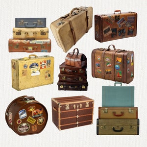 May include: A collection of vintage suitcases and trunks in various sizes and colors. The luggage pieces are made of leather and other materials, some with travel stickers. The arrangement includes a mix of hard-sided and soft-sided cases, suggesting travel and adventure.