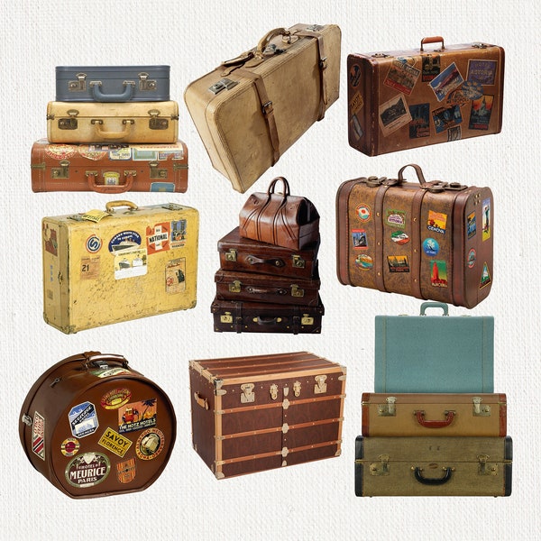 9 PNG vintage Suitcase clipart, image de stock, téléchargement instantané, clip art de valise, décoration intérieure, art mural