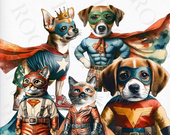 Dog Superheroes Clip Art, Cat Superheroes Clip Art - Cats, Dog Superhero, Clipart, Scrapbook, Cards, Invitations, Crafts