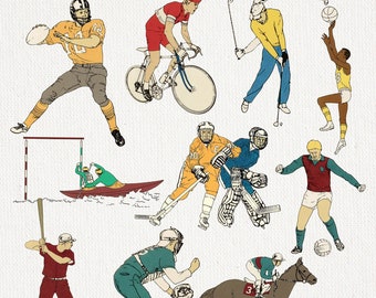 Set of 10 PNG Sport Illustrations. Football Clipart, Soccer Clipart, Basketball Clipart, American Football, Volleyball Clipart