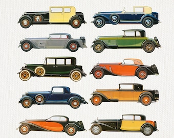 10PNG Vintage cars 30s / Old cars / Clipart Printable Illustration for Decoupage / Wall Art Prints / Bugatti / Lincoln / Minerva