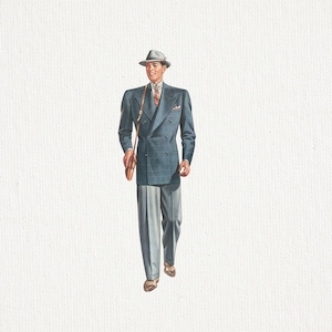 May include: Illustration of a person wearing a double-breasted blue suit, gray fedora hat, and gray trousers. The person is carrying a brown leather satchel. The suit has a pocket square and a striped tie. The shoes are brown.