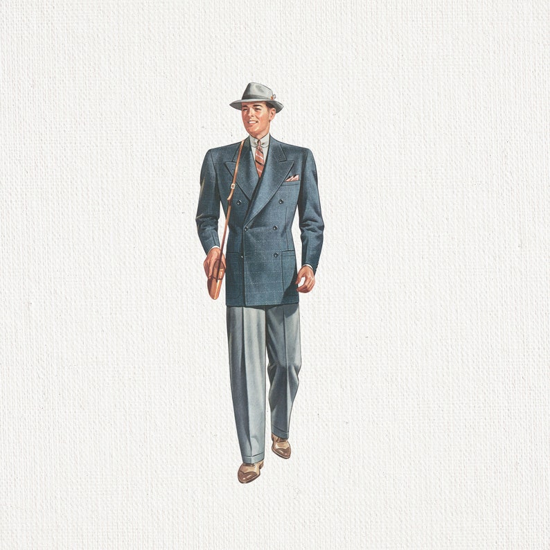 May include: Illustration of a person wearing a double-breasted blue suit, gray fedora hat, and gray trousers. The person is carrying a brown leather satchel. The suit has a pocket square and a striped tie. The shoes are brown.