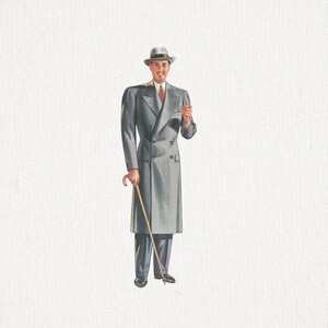 May include: Illustration of a man in a gray double-breasted overcoat, matching fedora, and trousers. He holds a cane and a cigarette. The coat is long, reaching to the ankles, and the man is smiling. The color palette is muted, with a vintage aesthetic.