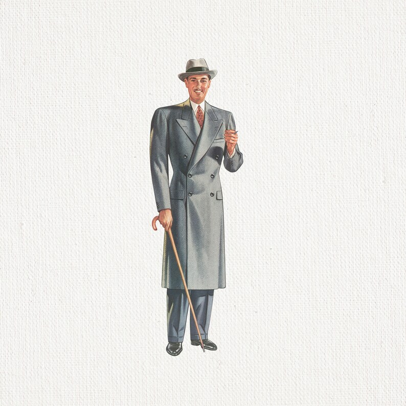 May include: Illustration of a man in a gray double-breasted overcoat, matching fedora, and trousers. He holds a cane and a cigarette. The coat is long, reaching to the ankles, and the man is smiling. The color palette is muted, with a vintage aesthetic.