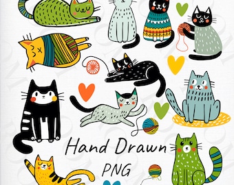 Cute Kitties Clip Art, Cute cat clip art, Cat PNG, cat illustration set, cat party clip art