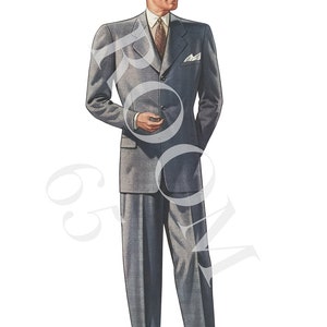 May include: A vintage illustration of a man in a gray suit, brown fedora hat, and brown shoes. The suit has a classic cut with a pocket square. The man is smiling and appears to be in a formal setting.
