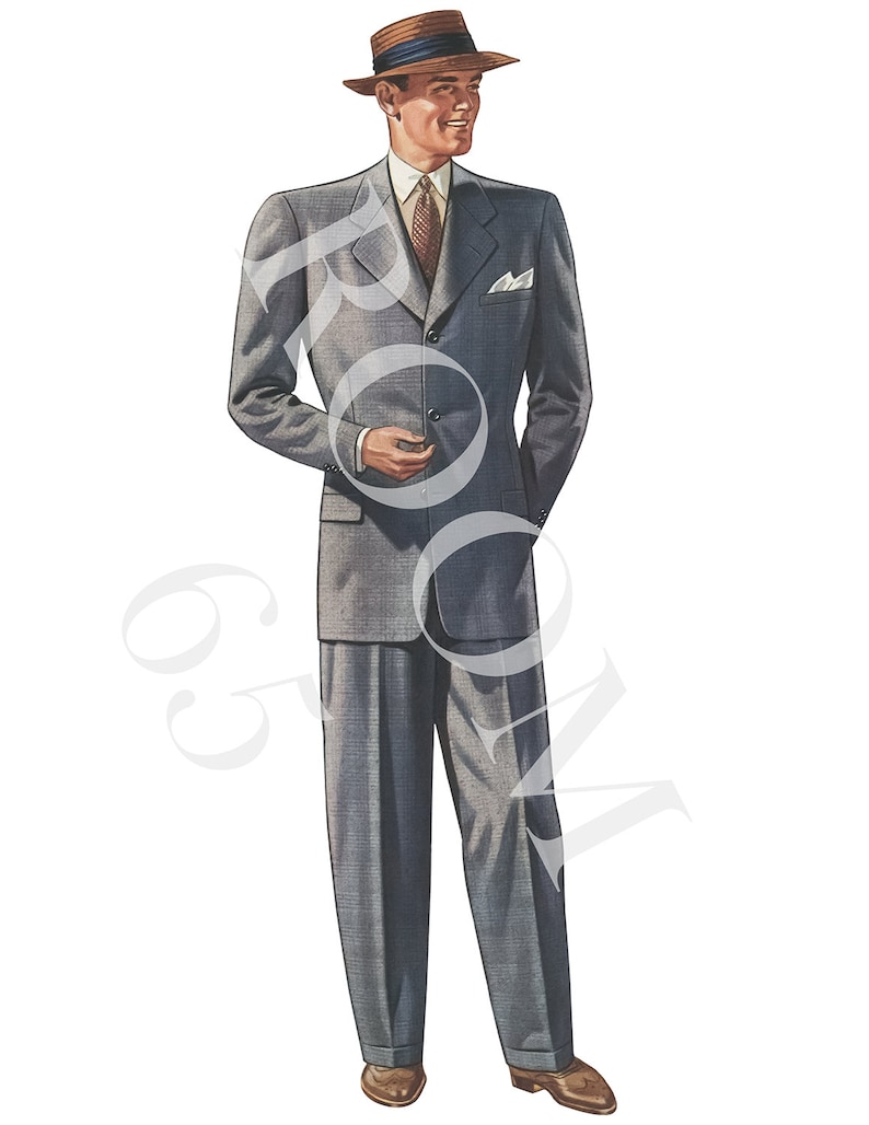 May include: A vintage illustration of a man in a gray suit, brown fedora hat, and brown shoes. The suit has a classic cut with a pocket square. The man is smiling and appears to be in a formal setting.