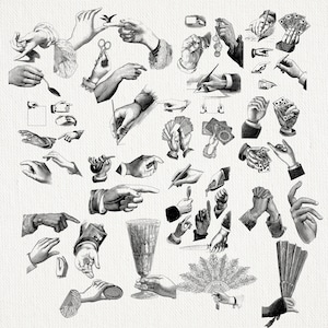 Puede incluir: Una colección de ilustraciones vintage en blanco y negro de manos en varias poses. Las imágenes incluyen manos sosteniendo objetos como tijeras, bolígrafos, naipes y un abanico. El estilo recuerda a grabados antiguos.