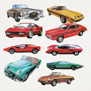Puede incluir: Un collage de coches clásicos en varios colores, incluyendo dorado, rojo, verde y turquesa. Los coches se representan desde diferentes ángulos, mostrando sus diseños y estilos únicos. La imagen evoca una sensación de diseño automotriz clásico.