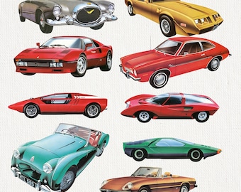 Vintage cars decor clip art. Png Illustrations. Vintage sport cars. Cars 60s, 50s. Car Illustration Image