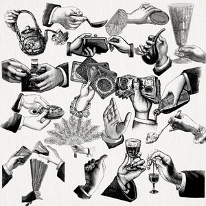 Puede incluir: Un collage vintage en blanco y negro que presenta manos sosteniendo varios objetos. Los elementos incluyen una tetera, una taza de té, un monedero, naipes, dinero, una pipa, un vaso, una cámara, un reloj de bolsillo, un abanico, una cuchara y una copa de vino.