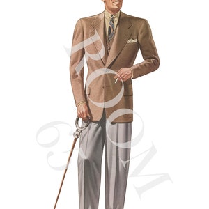 May include: Illustration of a man in a tan suit, gray fedora, and gray trousers. He holds a cane with a silver handle and a cigarette. The suit has a pocket square and a patterned tie. The shoes are brown.