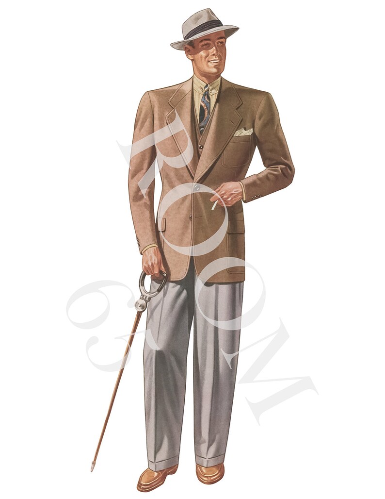 May include: Illustration of a man in a tan suit, gray fedora, and gray trousers. He holds a cane with a silver handle and a cigarette. The suit has a pocket square and a patterned tie. The shoes are brown.