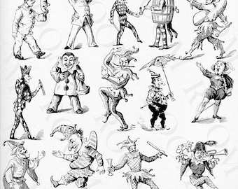 Old-fashioned clowns png, Antique drawings, Carnival figures, Vintage illustrations, Commedia dell'arte